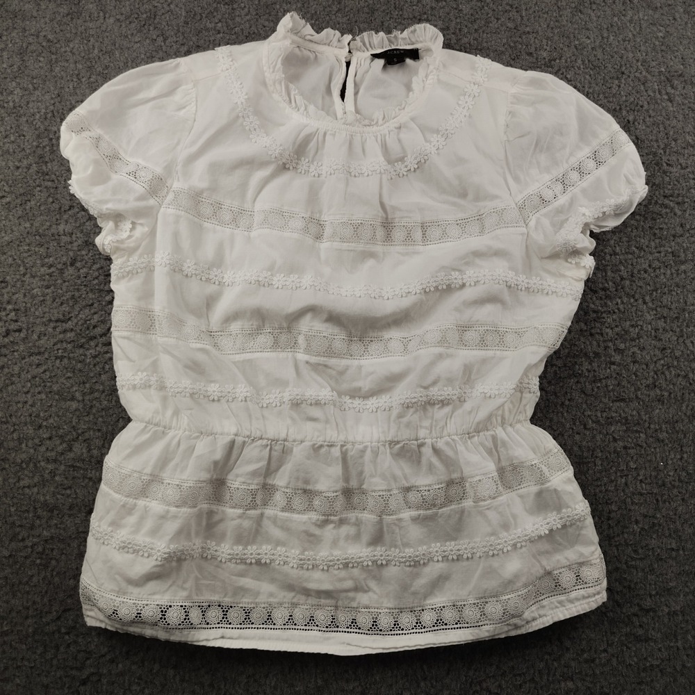 J.Crew Cotton Top Sz Small Eyelet Lace Ruffle Peplum White Short Sleeve